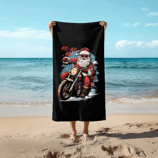Motorcyclist Santa Claus Motorcycle Christmas Beach Towels