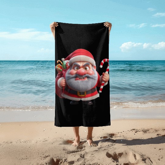 Crazy Santa with Candy Canes Beach Towels