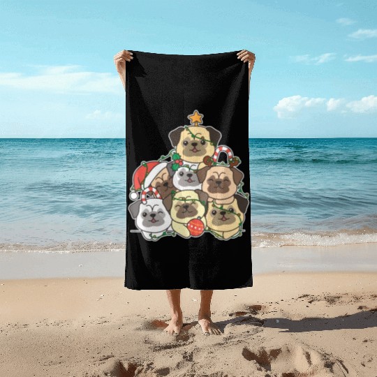 Pug Christmas Tree Funny Animal Christmas Beach Towels