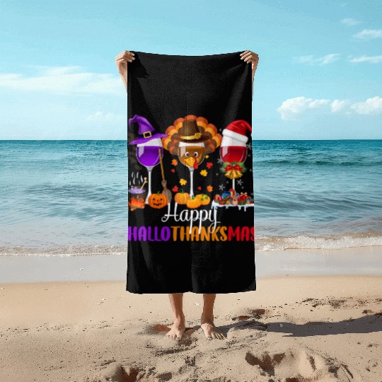 Happy Hallothanksmas Wine Glasses Drinking Lover Beach Towels