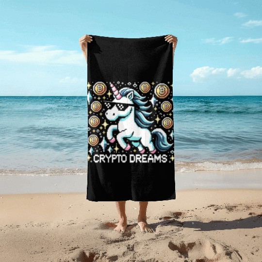Crypto Dreams - 8-bit Unicorn Amidst Digital Coins Beach Towels