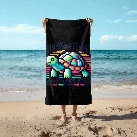 Cyber Turtle - Slow and Steady in 8-bit Color Beach Towels