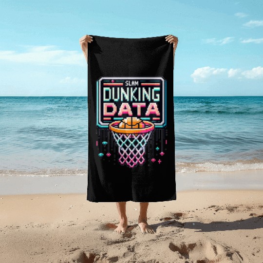 Slam Dunking Data - Retro 8-bit Basketball Hoop Beach Towels