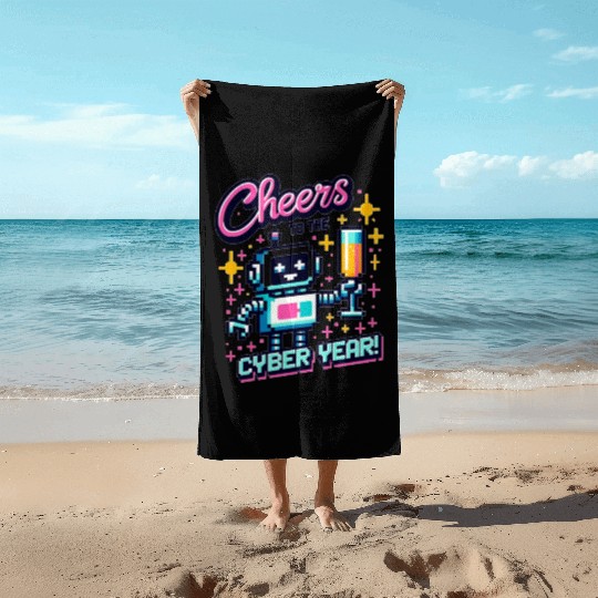 Retro Robot New Year's Toast - Cyber Champagne Fun Beach Towels