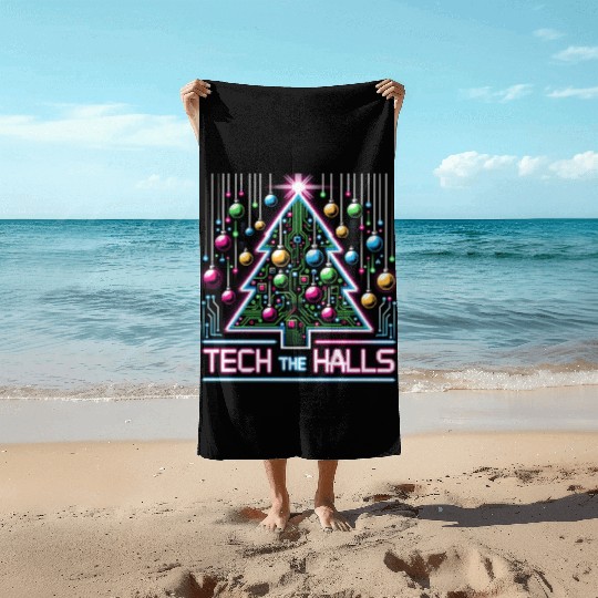 Tech the Halls - Christmas Tree in 8-bit Neon Beach Towels