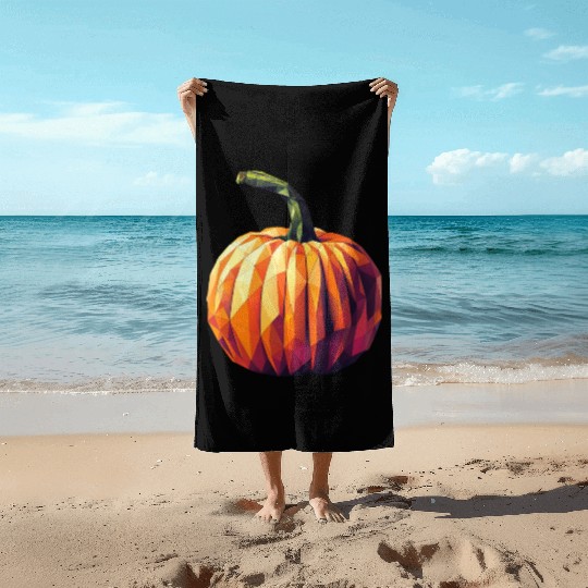 Autumn Magic: Geometric Pumpkin in Polygon Art Beach Towels