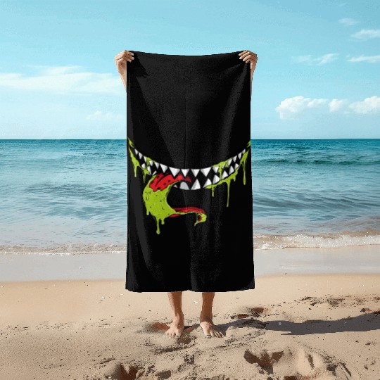 monster smile with dripping tongue Halloween Night Beach Towels