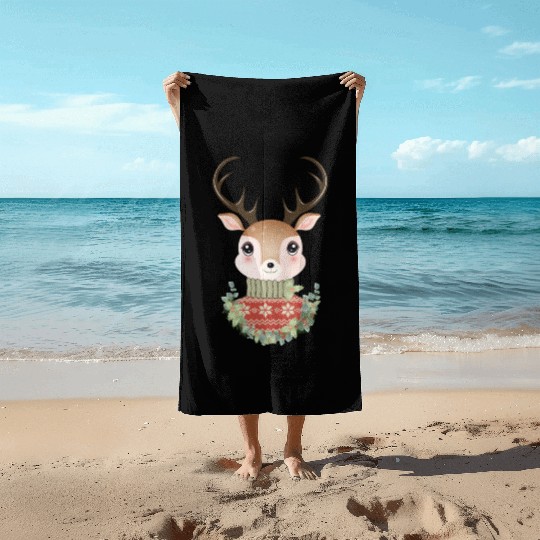 cute deer with sweater and Christmas wreath Beach Towels