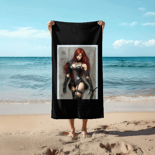 "Fierce Beauty: Redhead Warrior" Beach Towels