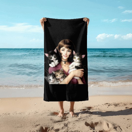 Pretty Cat Lady with Cute Kittens Beach Towels