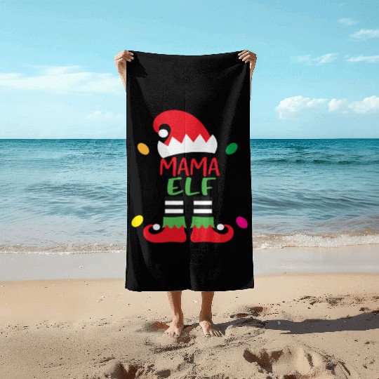 Merry Christmas mama elf Beach Towels