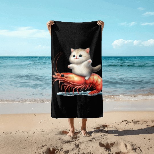 Cat rides on shrimp Beach Towels