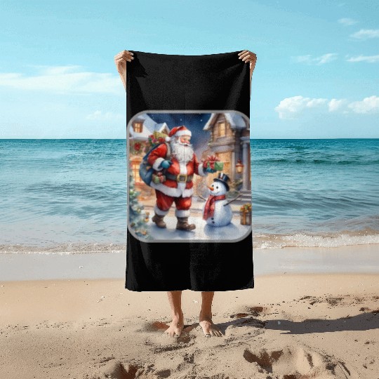 Santa Claus and a snowman distributes gifts. Beach Towels