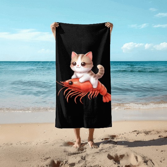 Cat rides on shrimp Beach Towels