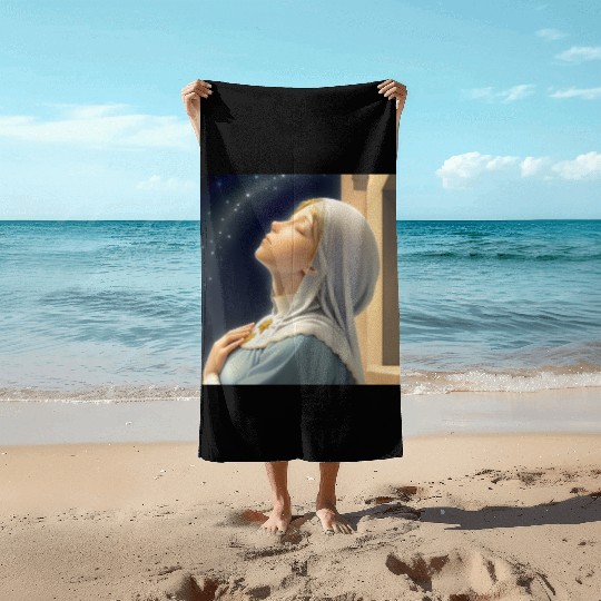 Virgin Mother Mary Praying on a Starry Night Beach Towels