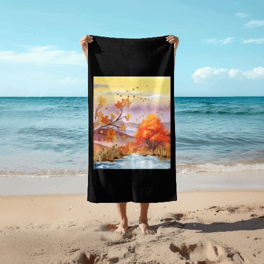 "Autumn Serenity by the Lake - Watercolor Swan" Beach Towels