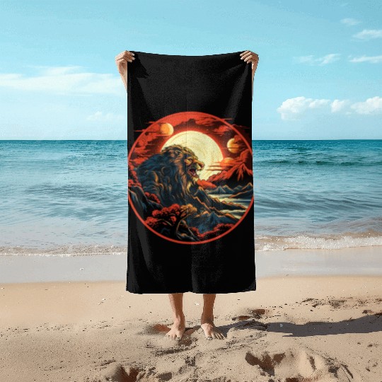 Red Japanese Style Mountain Lion Art Beach Towels