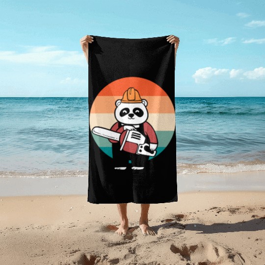 Panda Chainsaw Tree Worker Beach Towels