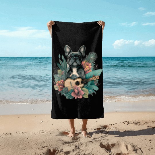 French Bulldog |Aloha Ukulele Hawaii Guitar Funny Beach Towels