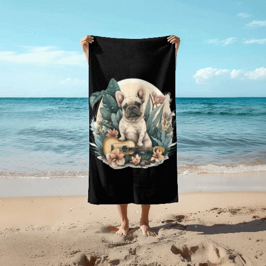 French Bulldog |Aloha Ukulele Hawaii Guitar Funny Beach Towels