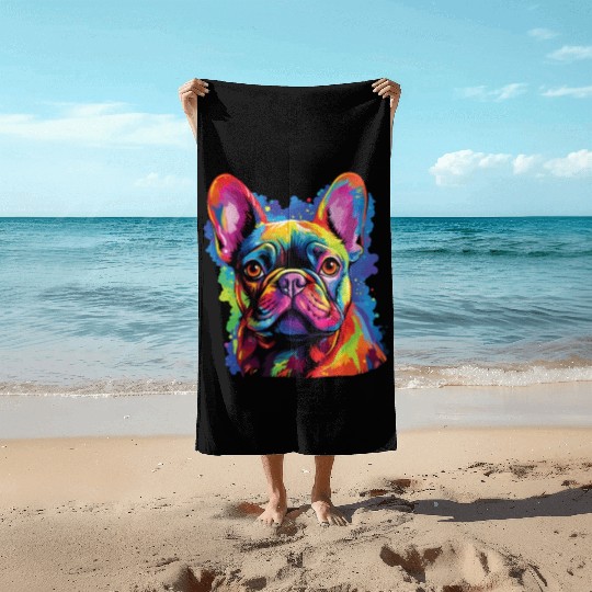 Watercolor Colorful French Bulldog Beach Towels