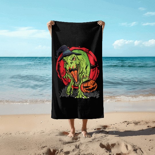 Trick Or Treating Dinosaur With Jack O Lantern Beach Towels