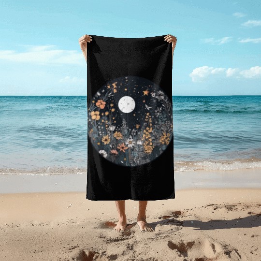 Midnight Sky Aesthetic Meadow Flower Garden Graphi Beach Towels