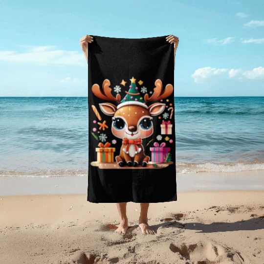 Cute Reindeer Merry Christmas Gift Happy Holidays Beach Towels