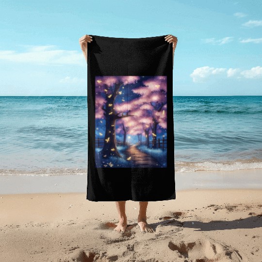 Fireflies In Cherry Blossom Trees Beach Towels