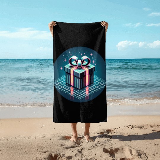 Cyberpunk Pixel Art Gift Box - Neon Ribbons Beach Towels