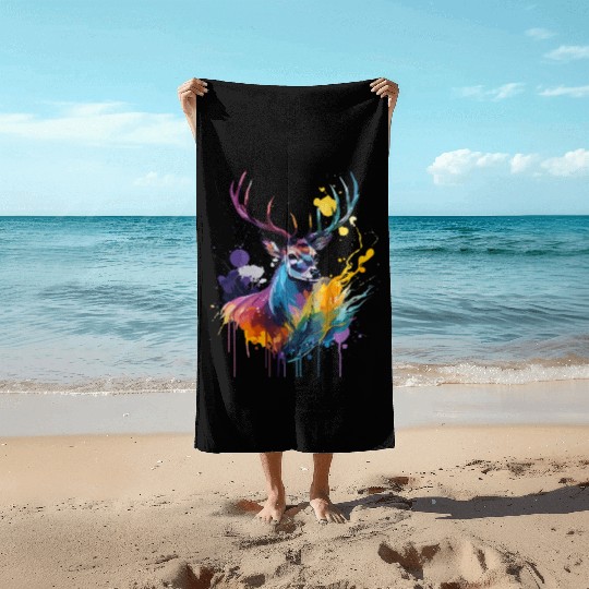 Watercolor painting deer Beach Towels