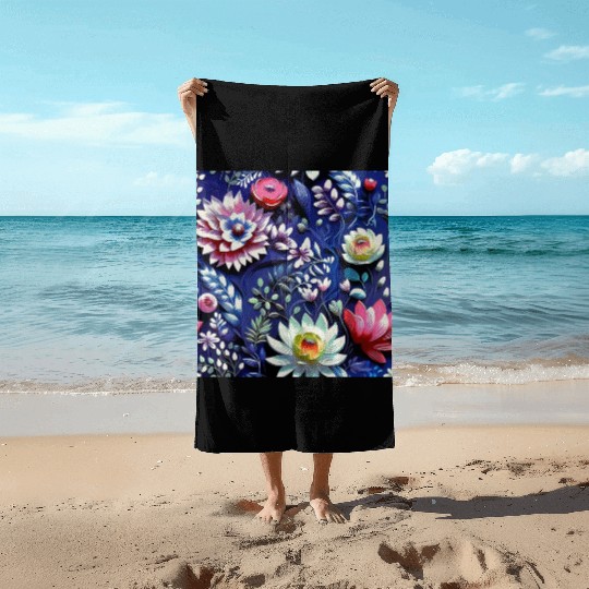Midnight Floralscape Beach Towels
