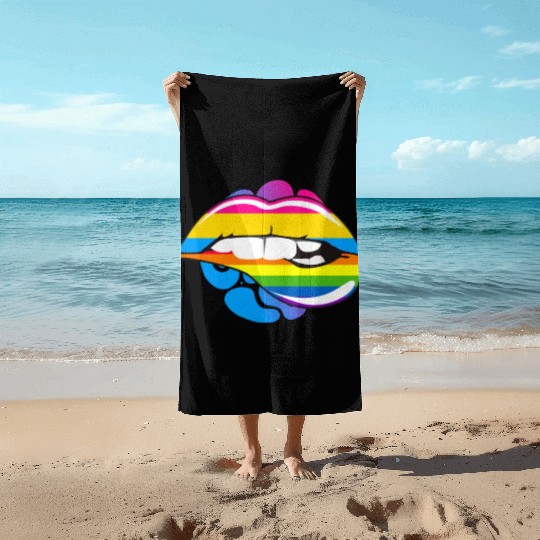 LGBTQ Rainbow Pride Flag Lip Bite Pansexual Lips Beach Towels