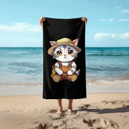 Kawaii Cat Farmer Agriculturist Farming Cute Anime Beach Towels