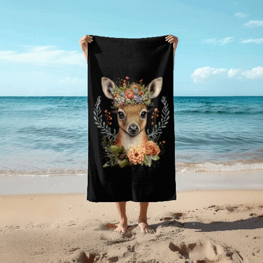 Watercolor Floral Deer Cute Beach Towels