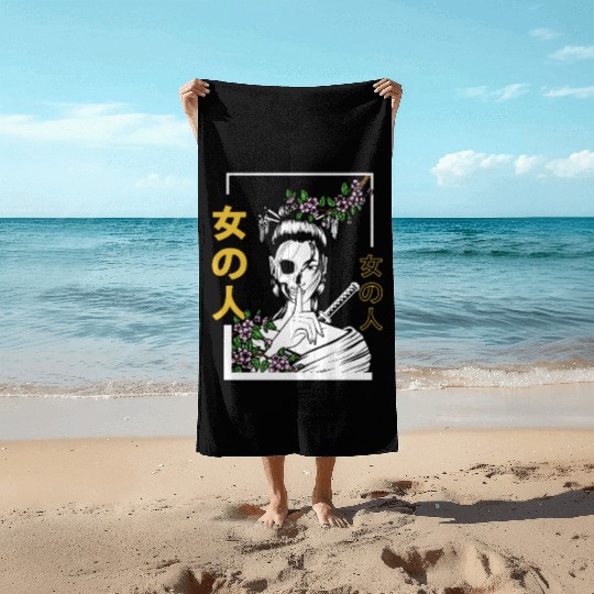 Japanese Samurai Floral Warrior Flower Woman Beach Towels