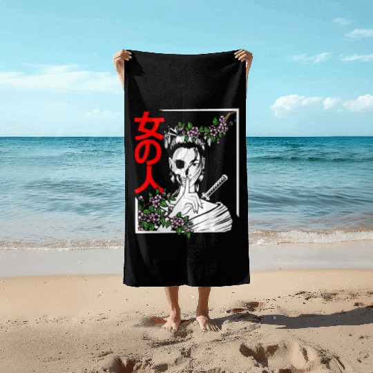 Japanese Samurai Floral Warrior Flower Woman Beach Towels
