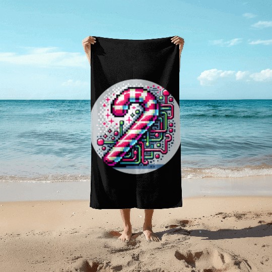 Neon Cyberpunk Candy Cane 8-Bit Pixel Christmas Beach Towels