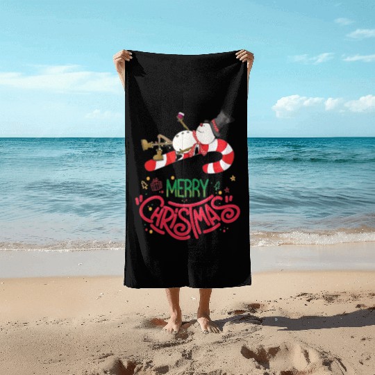 Snowman Lying On Candy Cane Merry Christmas Beach Towels