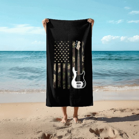 bass guitar american flag, funny bass player Beach Towels