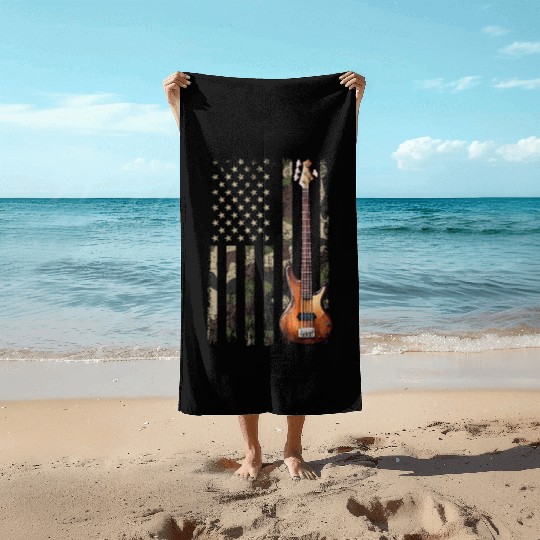 bass guitar american flag, funny bass player Beach Towels