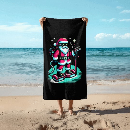 Witty 8-Bit Cyberpunk Santa Beach Towels