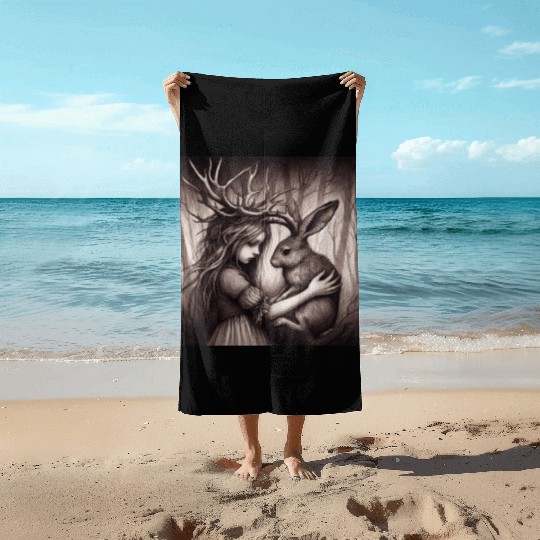 Illustration of Girl with Jackalope Beach Towels