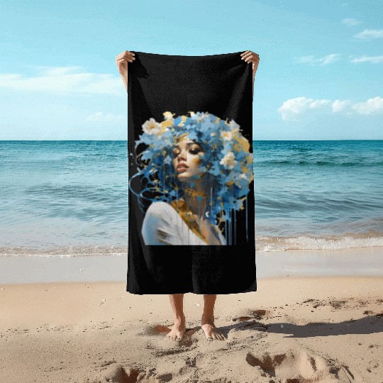Blue haired floral lady Beach Towels