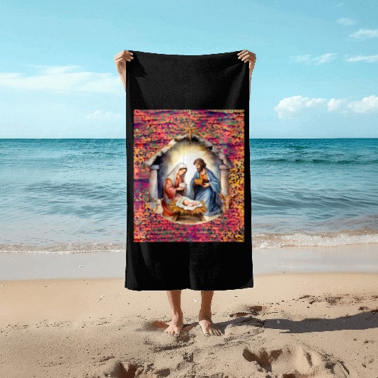 Nativity scene with Mary Joseph Baby Jesus Beach Towels