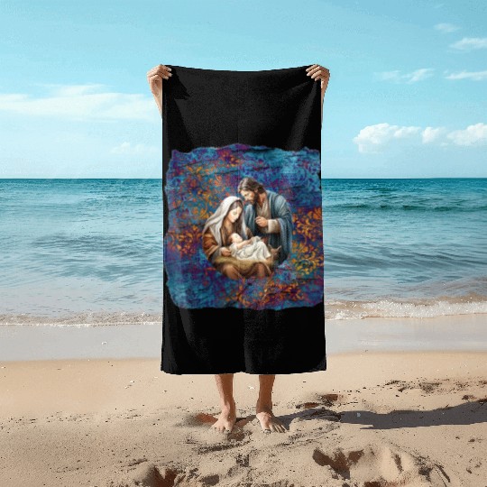 Nativity scene with Mary Joseph Baby Jesus Beach Towels