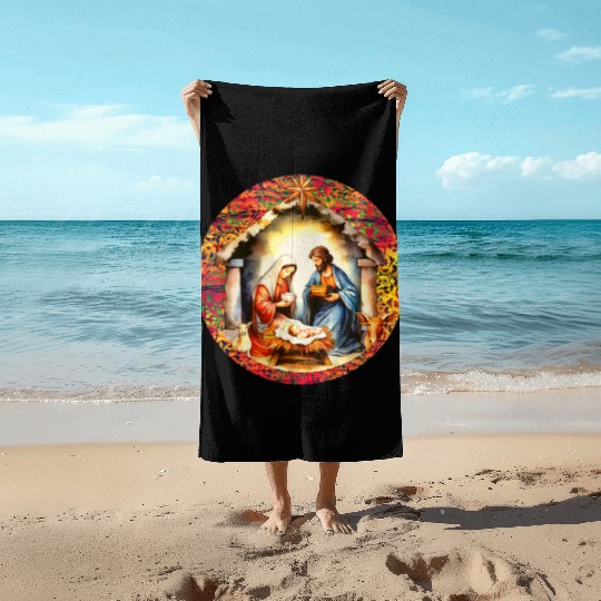 Nativity scene with Mary Joseph Baby Jesus Beach Towels