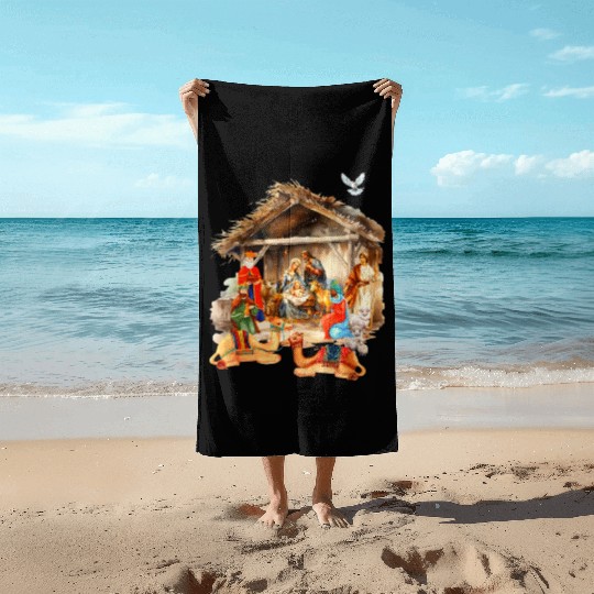 Nativity scene with Mary Joseph Baby Jesus Beach Towels