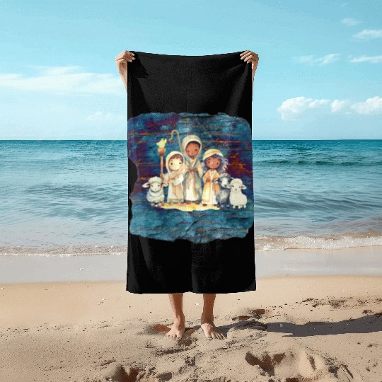 Christmas Nativity Scene Shepherds and Sheep Beach Towels