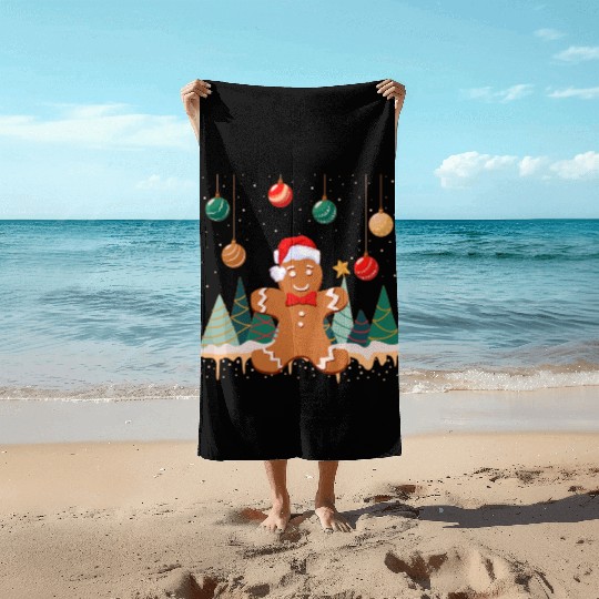 Gingerbread Man Cookie Snowy Christmas Ornaments Beach Towels